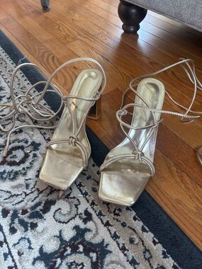 Gold Strappy Square-Toe Block Heel Sandals with Wrap Ties